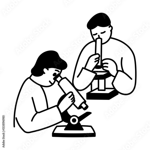 Hand drawn illustration of characters doing microscopic research 
