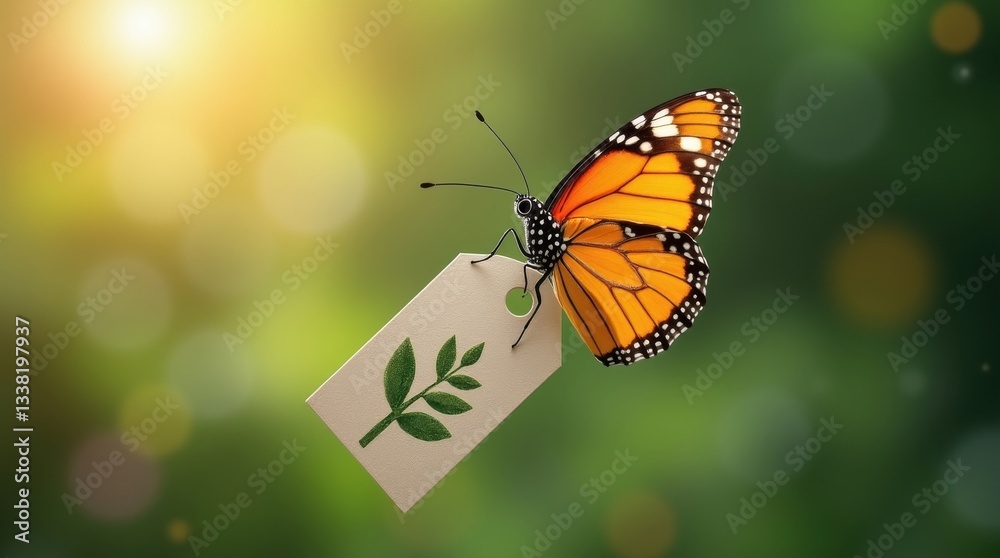 Obraz premium Happy butterfly frame with transparent tag on paper sale in nature capturing the joy of discounts