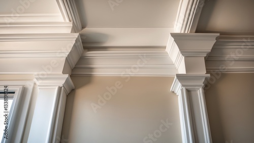 Close-up of crown molding feature situated above the window, resembling natural wood, with horizontal sliding vinyl.