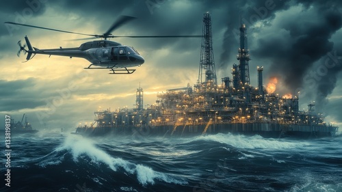 Helicopter soaring above a vast offshore refinery, readying for operations in a dynamic industrial landscape.