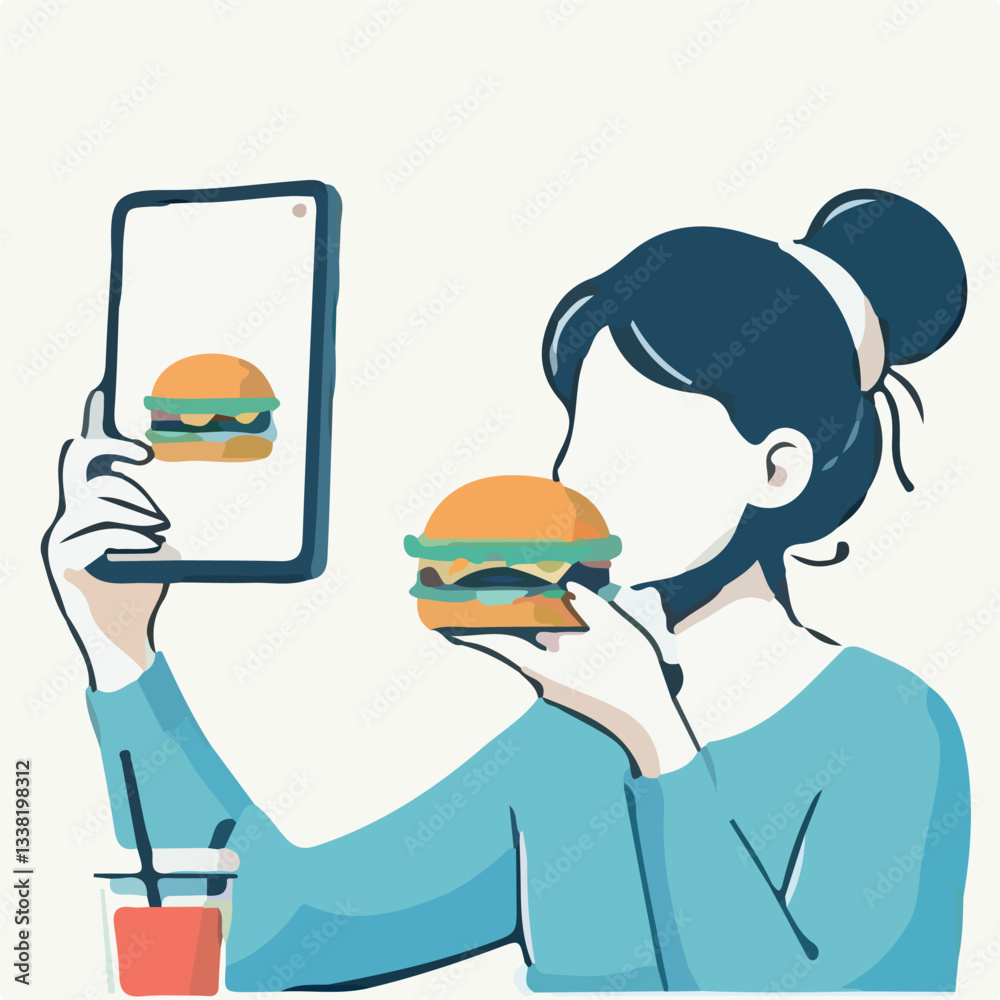 vector a woman eating burger and taking selfie vector a woman eating burger and taking selfie