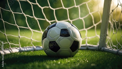 Soccer ball positioned in the goal with a net and green background, this image can be utilized for sport, score, shoot, and a business concept target.