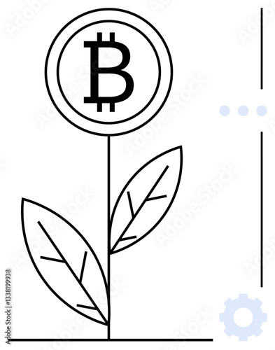 Bitcoin symbol placed on a growing plant stem with leaves. Minimalist style for finance, growth, sustainability, investments, cryptocurrency, technology, innovation, futuristic flat simple metaphor