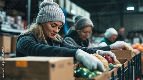 Wallpaper Mural Dedicated individuals work together in a community food bank, sorting colorful vegetables into boxes. Their teamwork embodies generosity and support for those in need Torontodigital.ca