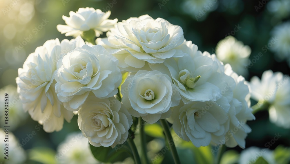 Close-up of delicate white begonia flowers illuminated by sunlight. Close-up of delicate white begonia flowers illuminated by sunlight.
