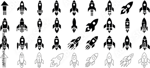 Rocket icon set, vector rocket silhouette, startup symbol, space shuttle, spaceship launch futuristic design, black and white rocket outline and filled isolated, technology, innovation, aerospace