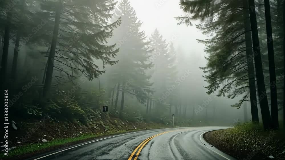 Winding road through a foggy forest with tall trees and a double yellow line on the wet asphalt path