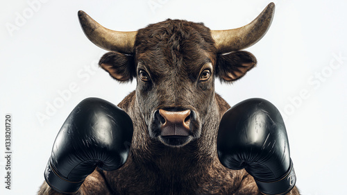Powerful Bull Boxer Wearing Black Gloves in a Fierce Combat Pose