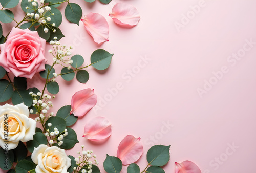 Elegant Floral Arrangement with Roses and Petals on Pink Background photo