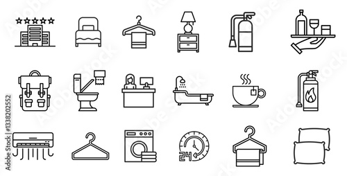 Hotel set of web icons in line style. Hotel and vacation icons for web and mobile app. Hotel services, recreational rest, relax, travel. Vector illustration