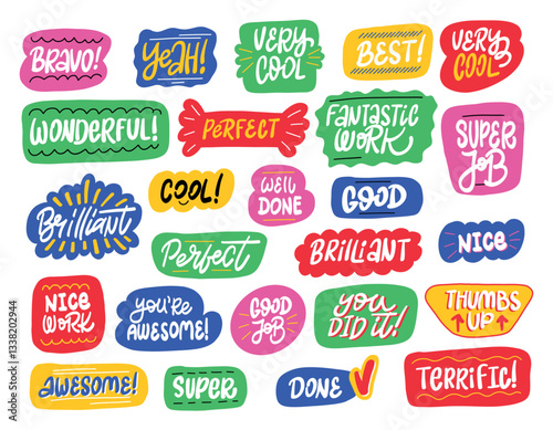A set of fun and colorful hand-lettered praise phrases in speech bubbles. Perfect for creating motivational stickers, greeting cards, and social media graphics.