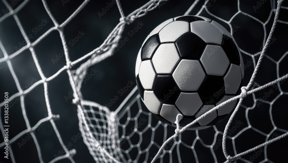 Fototapeta premium Soccer ball successfully in the goal against a background.