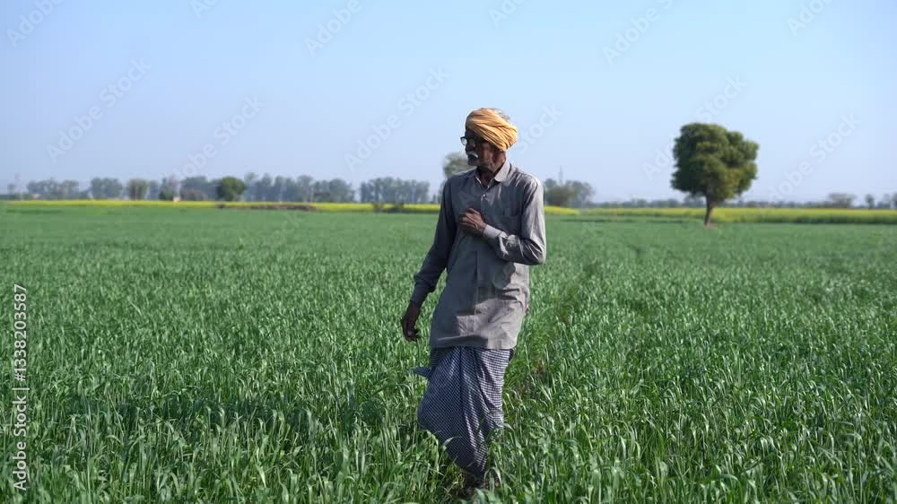 Senior Rural indian farmer waking at agriculture field inspecting growth of the crop. Old man at farm land. People of india. Senior Rural indian farmer waking at agriculture field inspecting growth of the crop. Old man at farm land. People of india.
