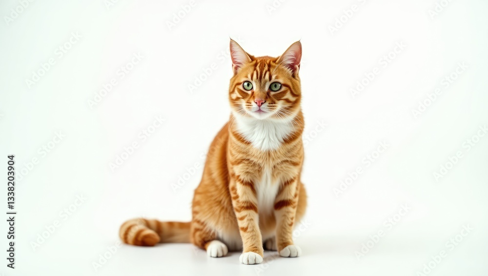 Obraz premium Ginger cat perched with one front paw lifted, gazing at the camera against a white isolated backdrop.