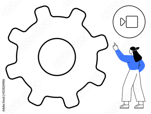 Large gear representing settings, video play icon, and a person pointing, suggesting configuration and customization. Ideal for workflow optimization, team collaboration, technical setup