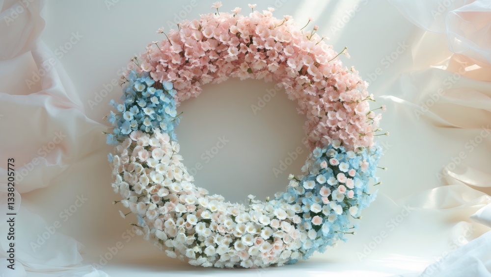 Obraz premium small multi-colored flowers arranged in a circular shape of the wreath. flat lay. overhead view. copy space. special focus. close-up.