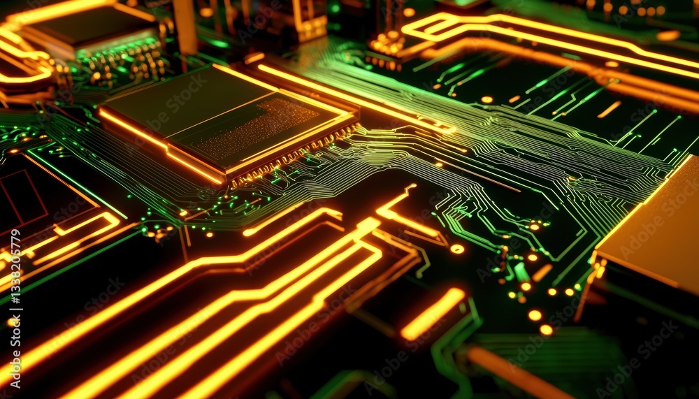 Fototapeta premium Futuristic silicon chip with glowing quantum circuits, detailed electronic components, high-resolution nanotechnology, sci-fi cyberpunk mood