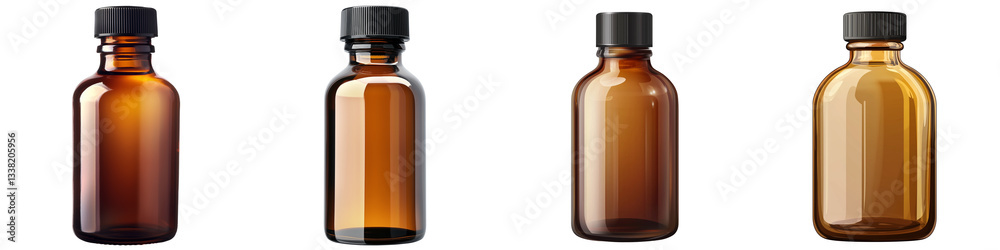 Fototapeta premium Set of an amber glass bottle with a black cap, isolated on a transparent background.