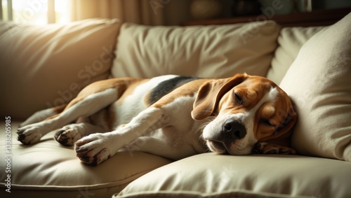 Sleeping beagle resting on the sofa