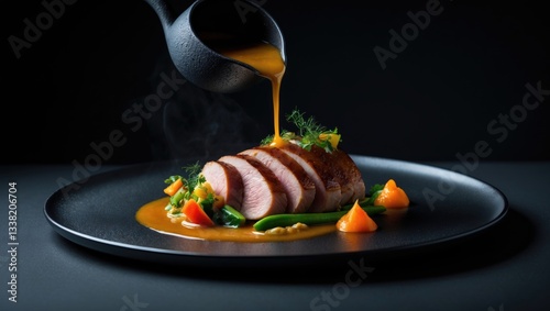 elegant gourmet dish presented on a dark plate during an expensive dinner by a chef