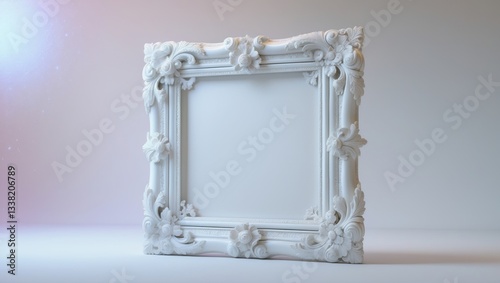 White ornate antique picture or photo frame isolated against a white background, cut-out blank gallery, exhibition or product, design element for poster or postcard display.