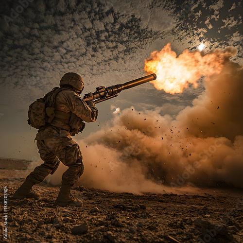 Soldier aiming rocket launcher in combat desert landscape action photography dramatic environment wide-angle view