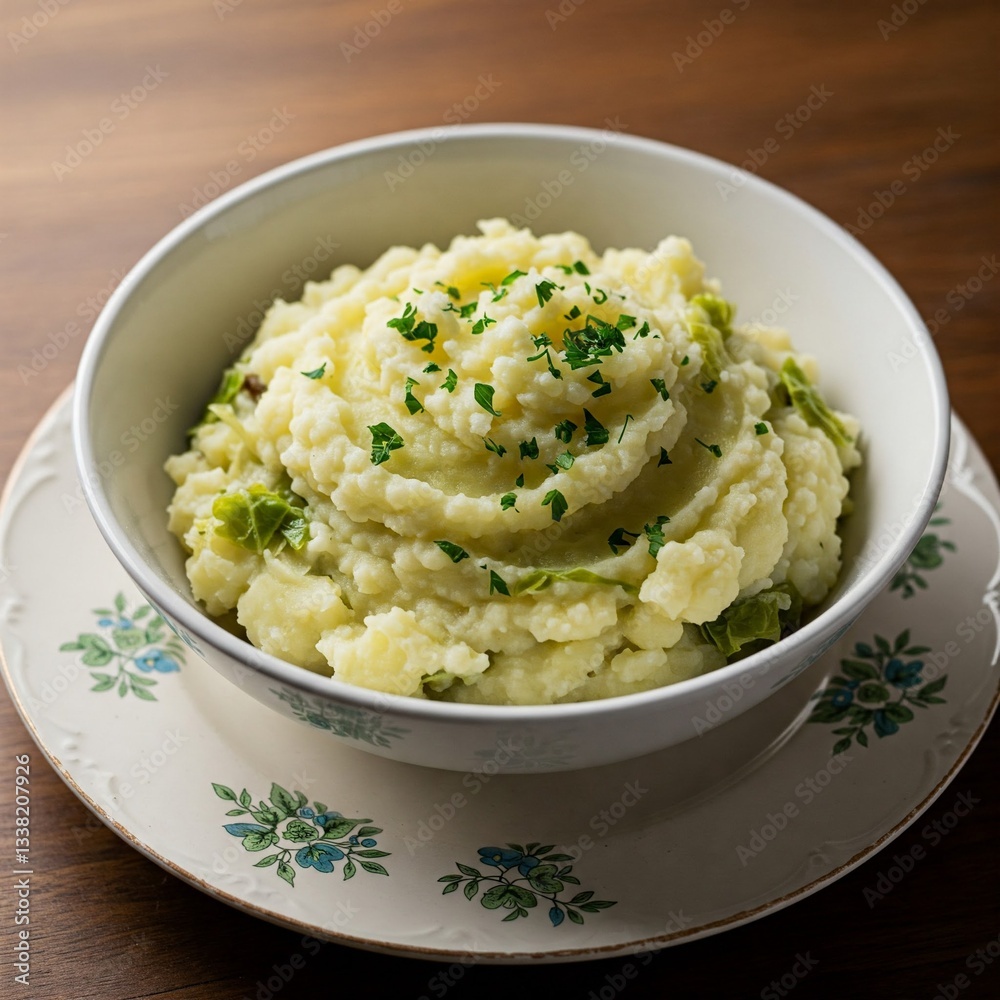 Creamy colcannon mashed potatoes with cabbage and parsley, served in a white bowl on a floral plate over wooden table.
Creamy colcannon mashed potatoes with cabbage and parsley, served in a white bowl on a floral plate over wooden table.
