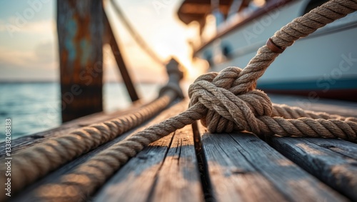 Close-up of a mooring rope featuring a knotted end secured around a cleat on a wooden dock.