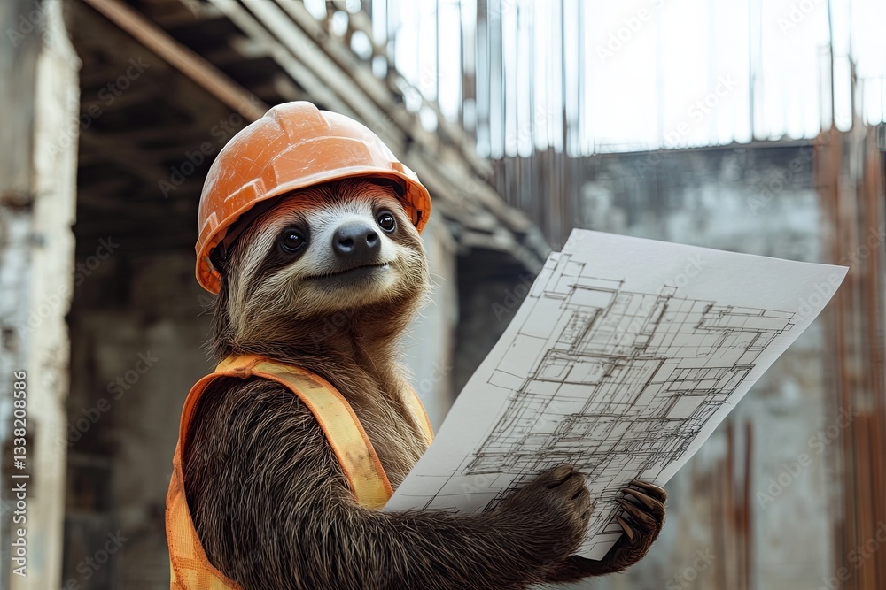 Fototapeta premium sloth in a helmet with a plan in his hand against the background of a construction site. construction drawings. in work clothes. close-up.