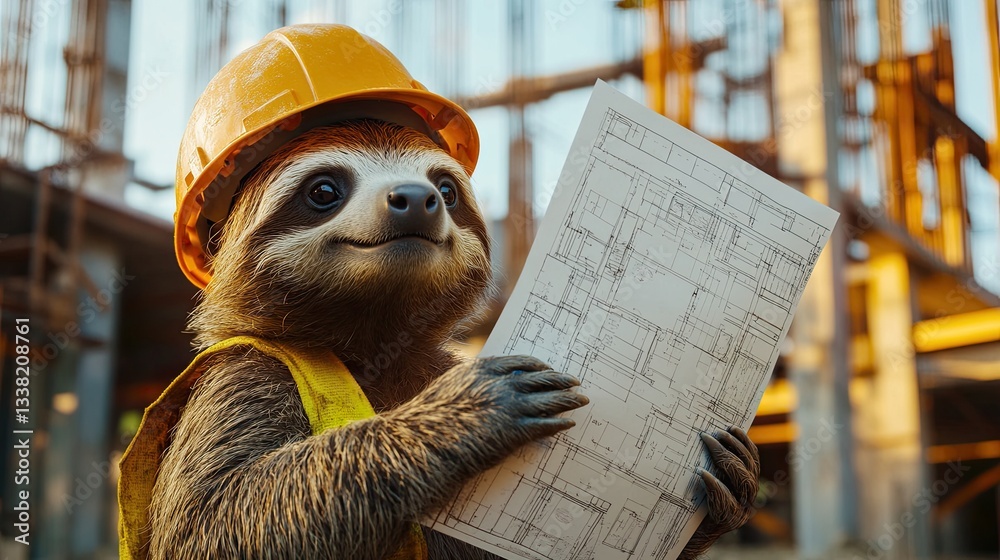 Fototapeta premium sloth in a helmet with a plan in his hand against the background of a construction site. construction drawings. in work clothes. close-up.