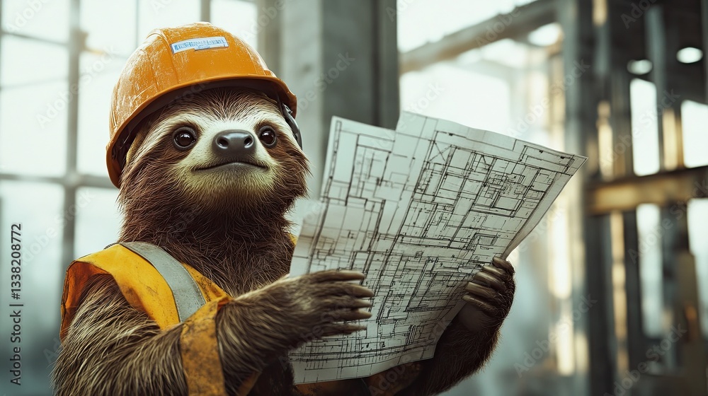 Obraz premium sloth in a helmet with a plan in his hand against the background of a construction site. construction drawings. in work clothes. close-up.