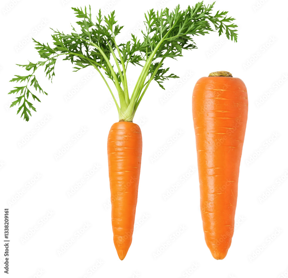 Fresh Carrots - Whole with Leaves and Trimmed Root on transparent background. Fresh Carrots - Whole with Leaves and Trimmed Root on transparent background.