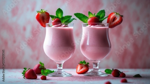 Wallpaper Mural Two strawberry smoothies or milkshakes with berries and mint in glasses on a light background. Summer shake drink, milkshake, and refreshing organic concept. Healthy dieting and vegetarian food con... Torontodigital.ca