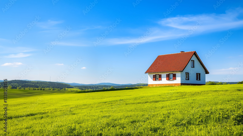 small house in green lush grass meadow countryside rural life with blue sky concept of relaxation peace of mind small house in green lush grass meadow countryside rural life with blue sky concept of relaxation peace of mind