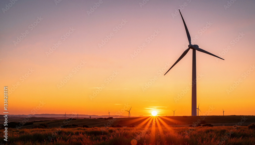 Obraz premium Windmill basking in sunrise glow over rural landscape, nature's beauty