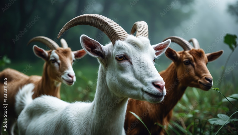 Obraz premium Goats in the wild. Profile portrait featuring three goats.