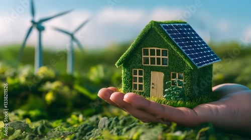 Miniature green house held in hand with solar panels in a lush environment surrounded by wind turbines