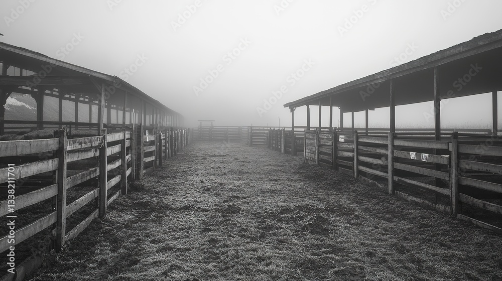 Obraz premium Gloomy foggy morning atmosphere empty livestock show pens deserted rural landscape abandoned agricultural stories eerie monochrome