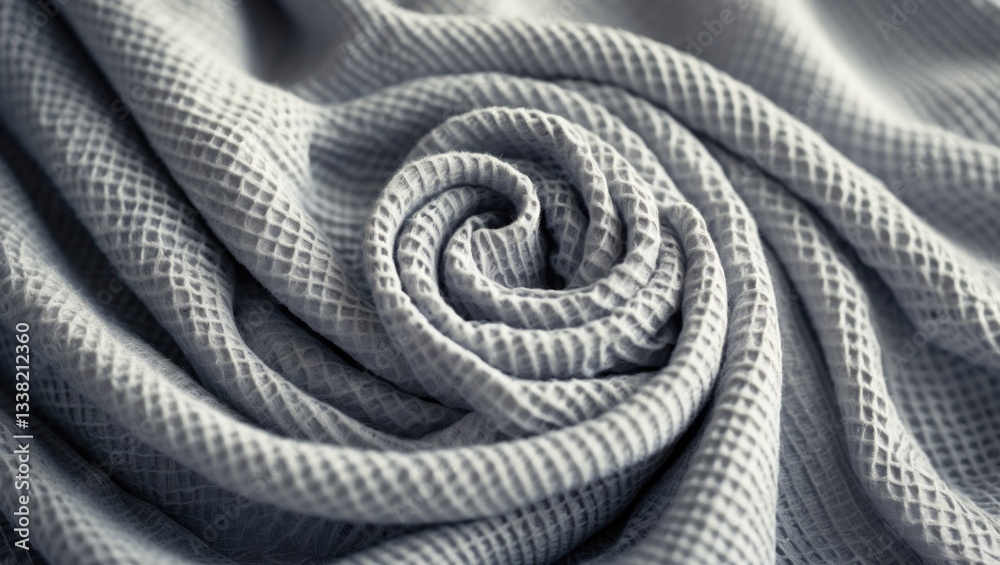 Fototapeta premium Close-up view of a soft, light gray fabric featuring a waffle pattern. The material is elegantly draped, highlighting its gentle folds and subtle texture.