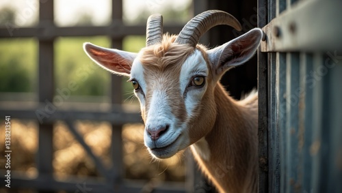 Goat gazes out from its stable into the outside world - goat portrait, goat photo