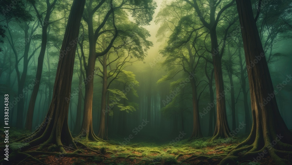 Obraz premium Concept photo of carbon net zero or carbon neutrality. Wide angle forest view.