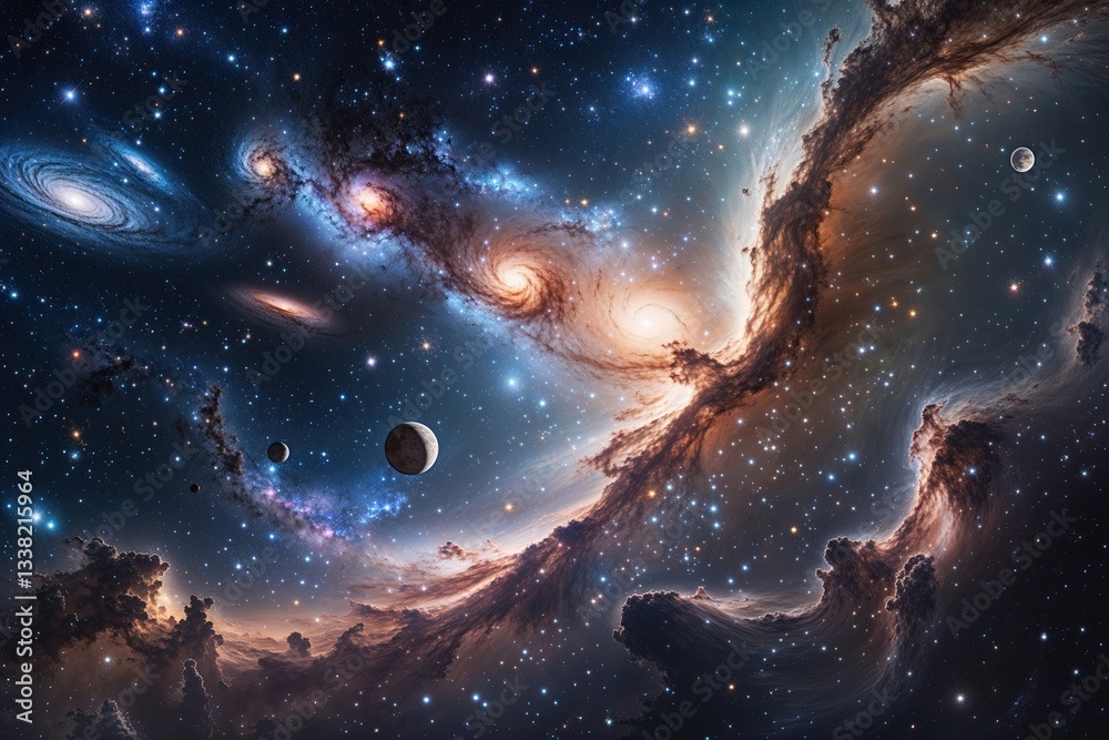 Fototapeta premium Breathtaking Cosmic Display Filled with Galaxies, Stars, and Moons in a Celestial Tapestry