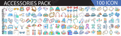 Fashion Accessories Icon Set – 100 Icons-A collection of 100 colorful fashion accessory icons, including hats, glasses, jewelry, and bags, designed for digital and graphic projects.  