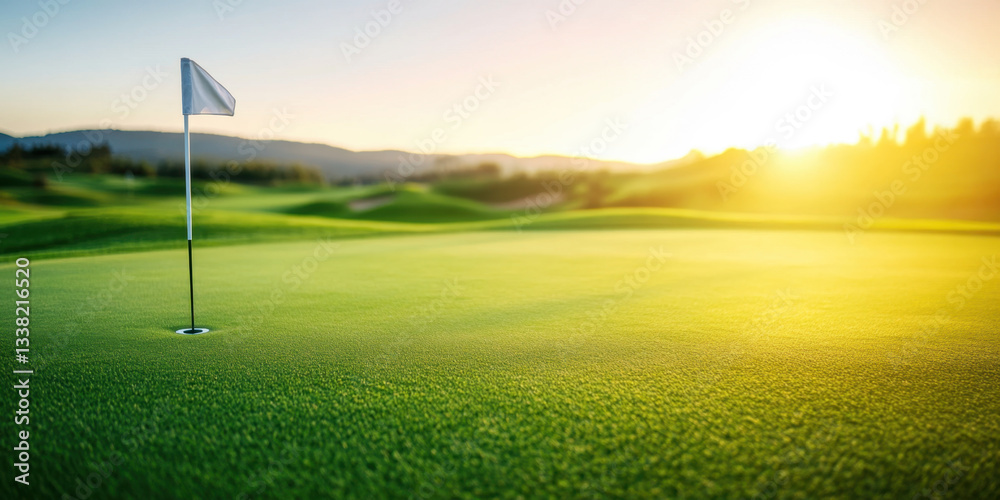 Obraz premium serene golf course putting green with flag, bathed in warm sunlight, invites players to enjoy peaceful game amidst nature beauty