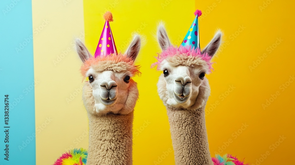 Obraz premium Two alpacas in crazy party outfits with party hats on colorful background, advertising, creative party animal concept, copy space, birthday party invitation card
