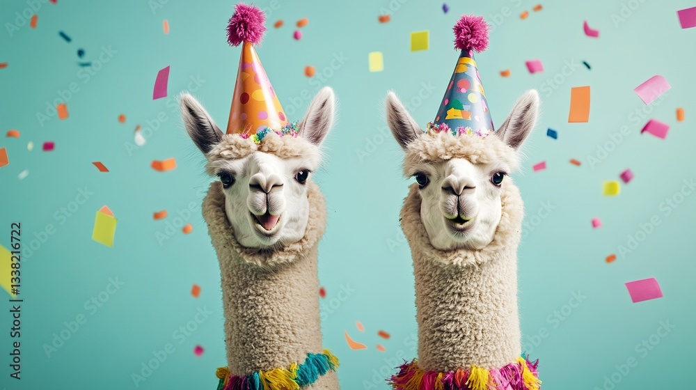 Fototapeta premium Two alpacas in crazy party outfits with party hats on colorful background, advertising, creative party animal concept, copy space, birthday party invitation card