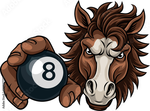 Horse mustang bronco stallion angry pool billiards sports team mascot holding a ball.