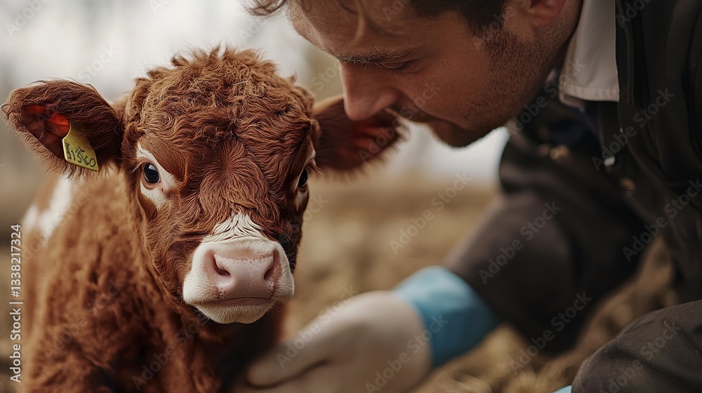 Fototapeta premium veterinarian examining a calf, illustrating animal care and health on the farm.