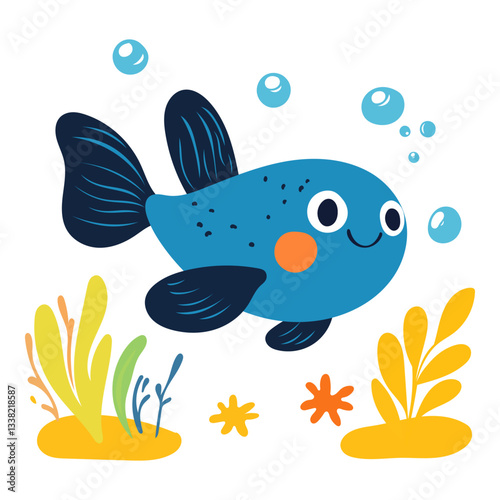 Cute blue smiling fish in the sea with algae