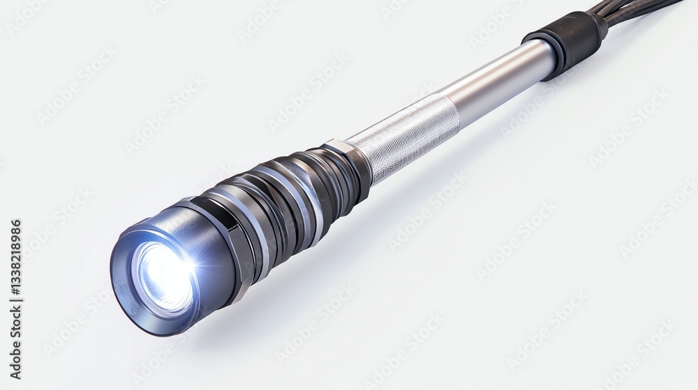 Close-up of a modern flashlight with a powerful LED beam, ideal for outdoor activities and emergency situations. Close-up of a modern flashlight with a powerful LED beam, ideal for outdoor activities and emergency situations.